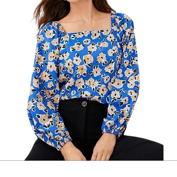 Ann Taylor Blue and White Puff Sleeve Blouse - Picture 1 of 5